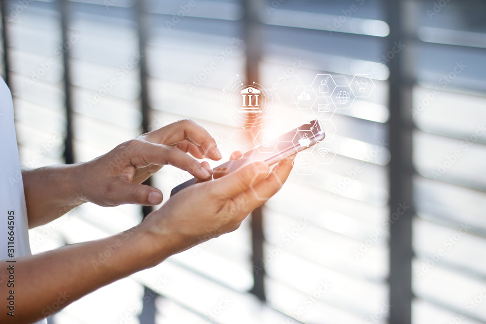 Poster online banking, man using smartphone payment and online shopping with icon on global network connect