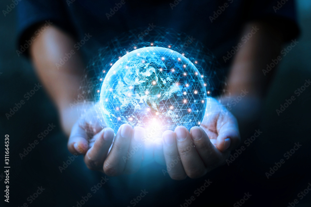 Aufkleber Man hands holding blue earth and global networking connection and data exchanges, global communication network concept