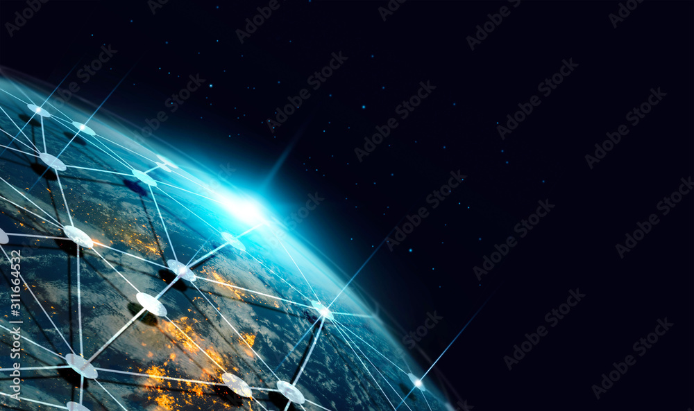 Poster Communication technology and internet worldwide for business. Global world network connected and telecommunication on earth and IoT