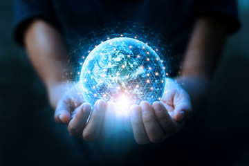 Man hands holding blue earth and global networking connection and data exchanges, global...