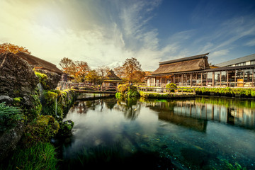 Fototapeta na wymiar Return/ Beautiful Fuji mountain and clean lake with traditional Japanese style house in Japan