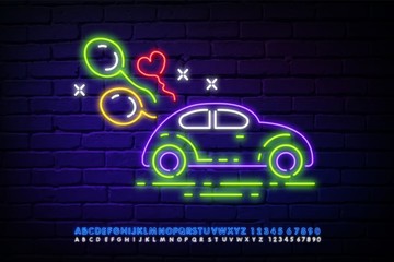 Back to the 80s neon car sign vector. Car with balloons neon sign, light banner, neon signboard, nightly bright advertising, light inscription. Vector illustration