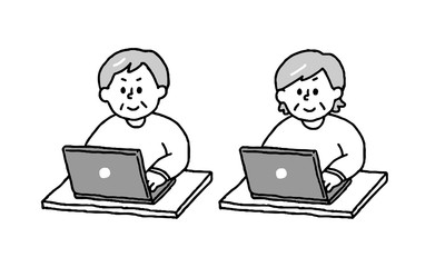 パソコン操作するシニア男性女性セット（シンプル）