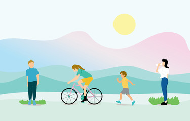 City park modern illustration, group of people in the park.