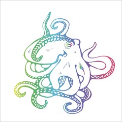 Neon illustration of an octopus with algae in the form of tattoos.