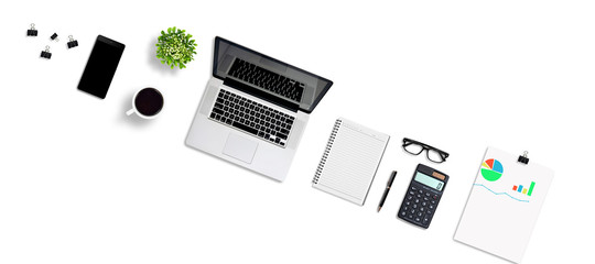 Top view office desk and supplies, with copy space. Creative flat lay photo of workspace desk/Panoramic banner and isolated on white background