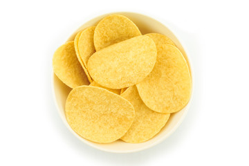 potato chips on bowl on white background.