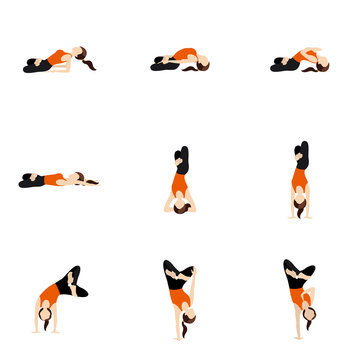 Yoga asanas advanced set with lotus twist and bend/ Illustration stylized woman practicing padmasana in matsyasana, handstand, headstand