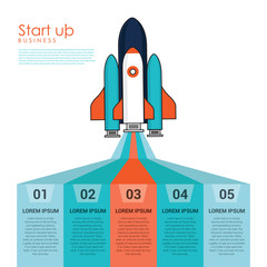 Infographic with rocket ship and startup icon flat design. Vector illustration.