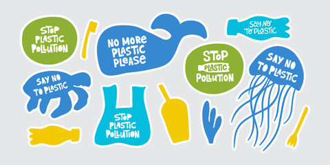 Stop plastic pollution word stickers set. Environment pollution, ecological problem.