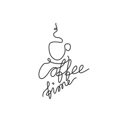 Inscription Coffee time and a cup, continuous line drawing, design element for poster, banner, card or t-shirt, print, logo, one single line on a white background, isolated vector