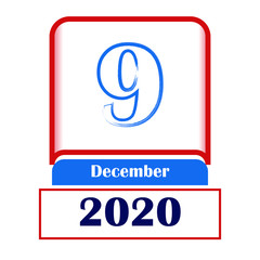 9 December 2020. Vector flat daily calendar. Date, month.