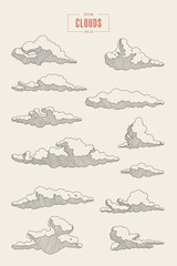 Set engraved style clouds drawn vector sketch