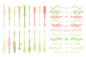 Hand drawn colorful dividers and ornate arrows on white. Abstract decor elements for design