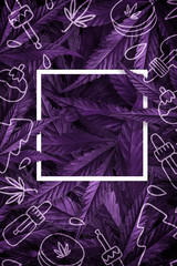 Creative Christmas background of purple hemp leaves, marijuana with an illustration of CBD products and a neon frame. Flat Lay Copy Space