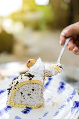 The hand of a woman using a spoon to scoop ice cream cake. Close up shot.