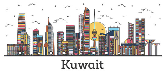 Outline Kuwait City Skyline with Color Buildings Isolated on White.