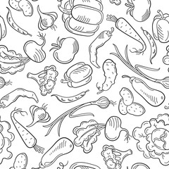 Seamless pattern on the theme of vegetables and healthy food, dark contour icons on a white background