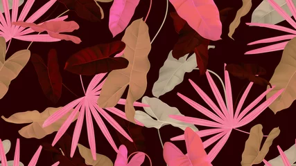Foto auf Glas Foliage seamless pattern, brown and pink Rhapis excelsa and Philodendron burle marx plant on dark red © momosama