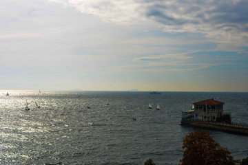 Regatta at sunset Marmara Sea Kadikoy Istanbul Turkey. Sea wave yacht.