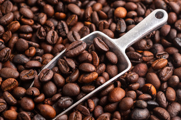 Coffee beans with metal scoop, top view.