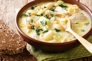 cream soup with gnocchi, chicken and spinach served with bread close-up in a bowl. Horizontal