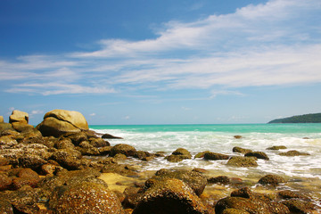 Tropical beach, boulders on the beach, Karon beach, Phuket, Thailand
