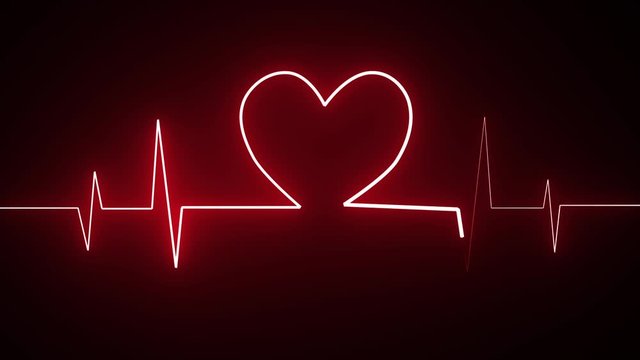 Cardiogram in heart shape heartbeat heat pulse glowing red neon light loop animated background