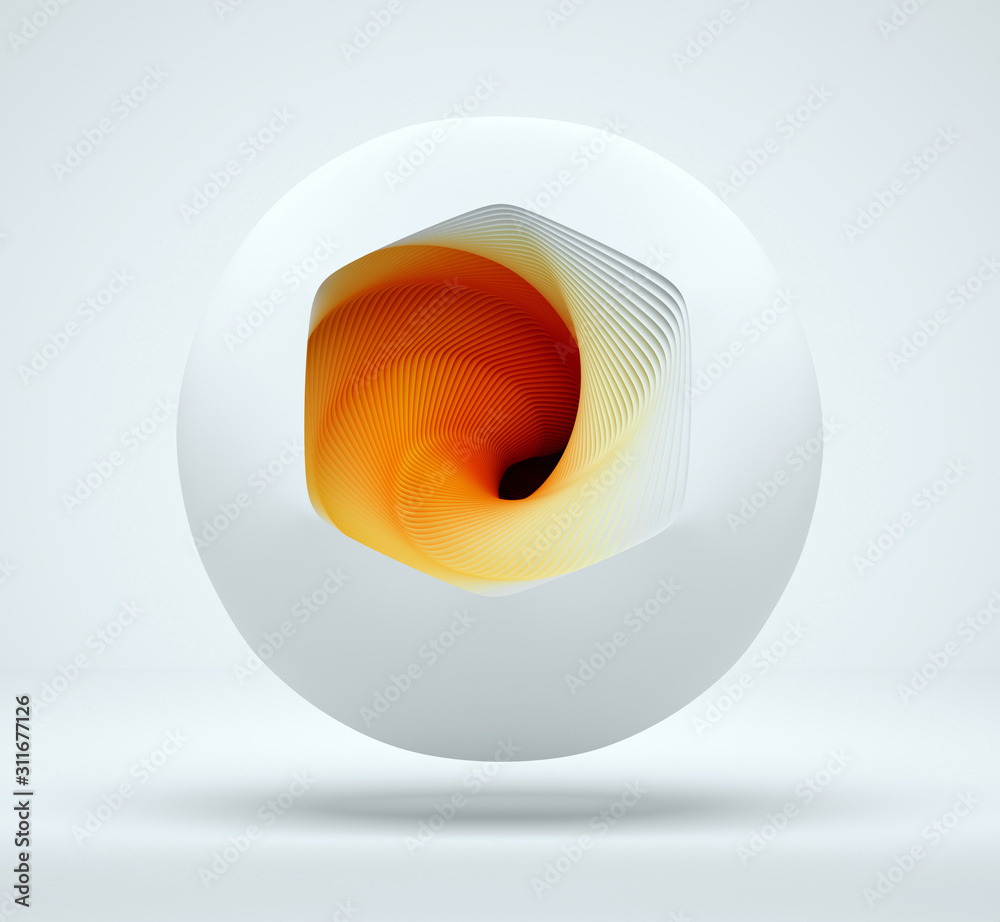 Poster 3d render of abstract art 3d ball in white matte plastic with spiral twisted illusion based on clone