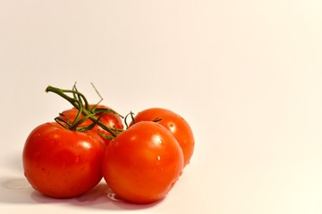 A bunch of fresh red four tomatoes, shot on the side, on a light background, on the left.