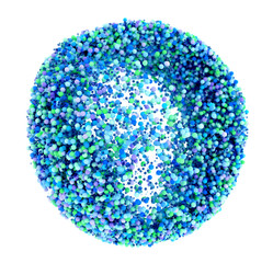 3d render with depth of field effect of abstract sphere based on small balls particles in green blue purple and violet color on white background