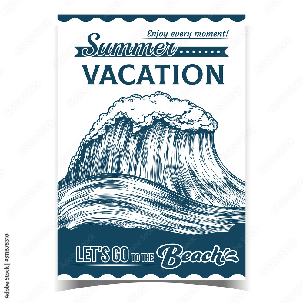 Sticker breaking pacific ocean marine wave poster vector. enormous huge water wave with foam good place for 