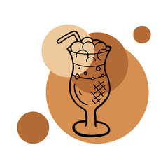 Hand drawn layout of logo with Irish coffee. In doodle style, black outline on a round caramel color background. Cute element for cards, social media banners, stickers. Vector illustration