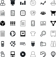 web vector icon set such as: hobby, face, fashion, energy, water, panel, geology, magnifier, directory, trolley, cable, artificial, retro, vest, monitor, measure, plastic, access, microchip, micro