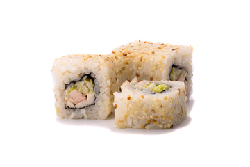 sushi rolls with salmon covered with sesame seeds on a white background