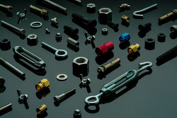 Metal bolts, nuts, and washers. Fasteners equipment. Hardware tools. Different types of nuts,...