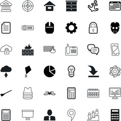 web vector icon set such as: ssl, physics, helmet, nautical, message, connection, support, declining, mouse, paper, broom, mechanical, kite, police, safe, download, flexible, focus, judicial, dresser