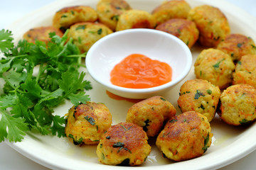 Close up vegan food, fried tofu ball in yellow for vegetarian meal,