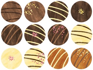 丸いひとくちチョコレートのアイコンセット　バレンタイン　水彩風イラスト素材