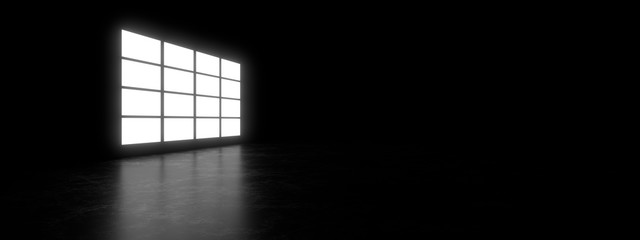 Empty dark space illuminated by a large rectangular lamp. Blurry reflections on the concrete floor. 3d rendering image.
