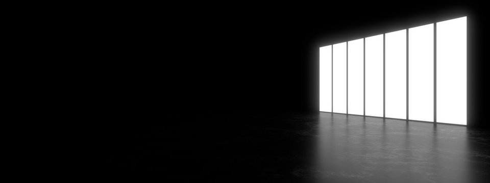 Empty dark space illuminated by a large rectangular lamp. Blurry reflections on the concrete floor. 3d rendering image.