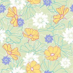 Simple pattern with daisies on a green background. Drawn floral texture to decorate fabric, tiles and paper and wallpaper on the wall.