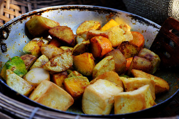 High view raw material of vegan curry dish with bread, homemade Vietnamese food