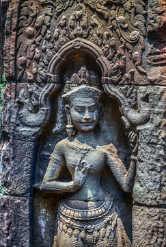 sculpture ruins temple Angkor Wat in Cambodia