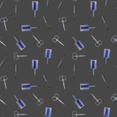 Watercolor seamless pattern with nail polish and tools. Hand drawn illustration.