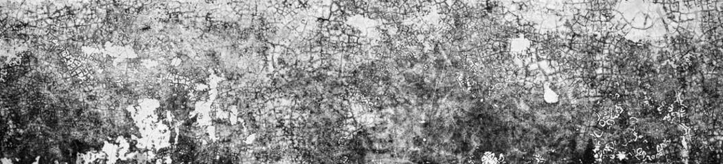 Black and white picture Panorama,Old Wall with Moldy Peeling White Painting from Humidity. Cracked White Wall as Rusty Concrete Weathered Wall Grunge Background or Abstract Backdrop