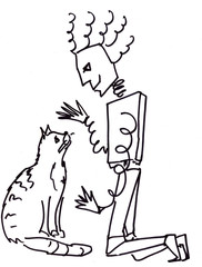 line-drawn robot talking to a cat