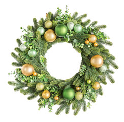 Fototapeta na wymiar Traditional European Christmas wreath with golden and green baubles