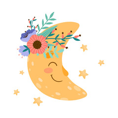 Cute Smiling Crescent with Flowers Attached to its Body Vector Illustration