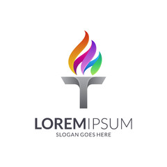 Torch colorful logo. Letter T logo. Torch fire vector illustration